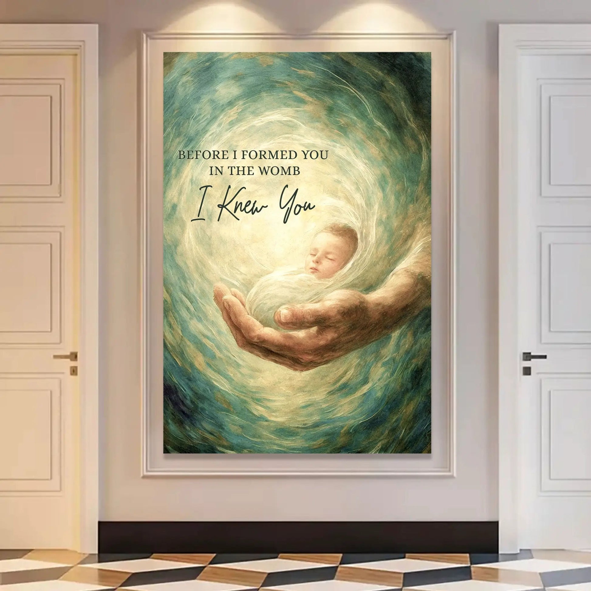 The Unborn Faith Wall Sign canvas by Tailored Canvases with a baby amid teal swirls on Tampa Home & Garden Store