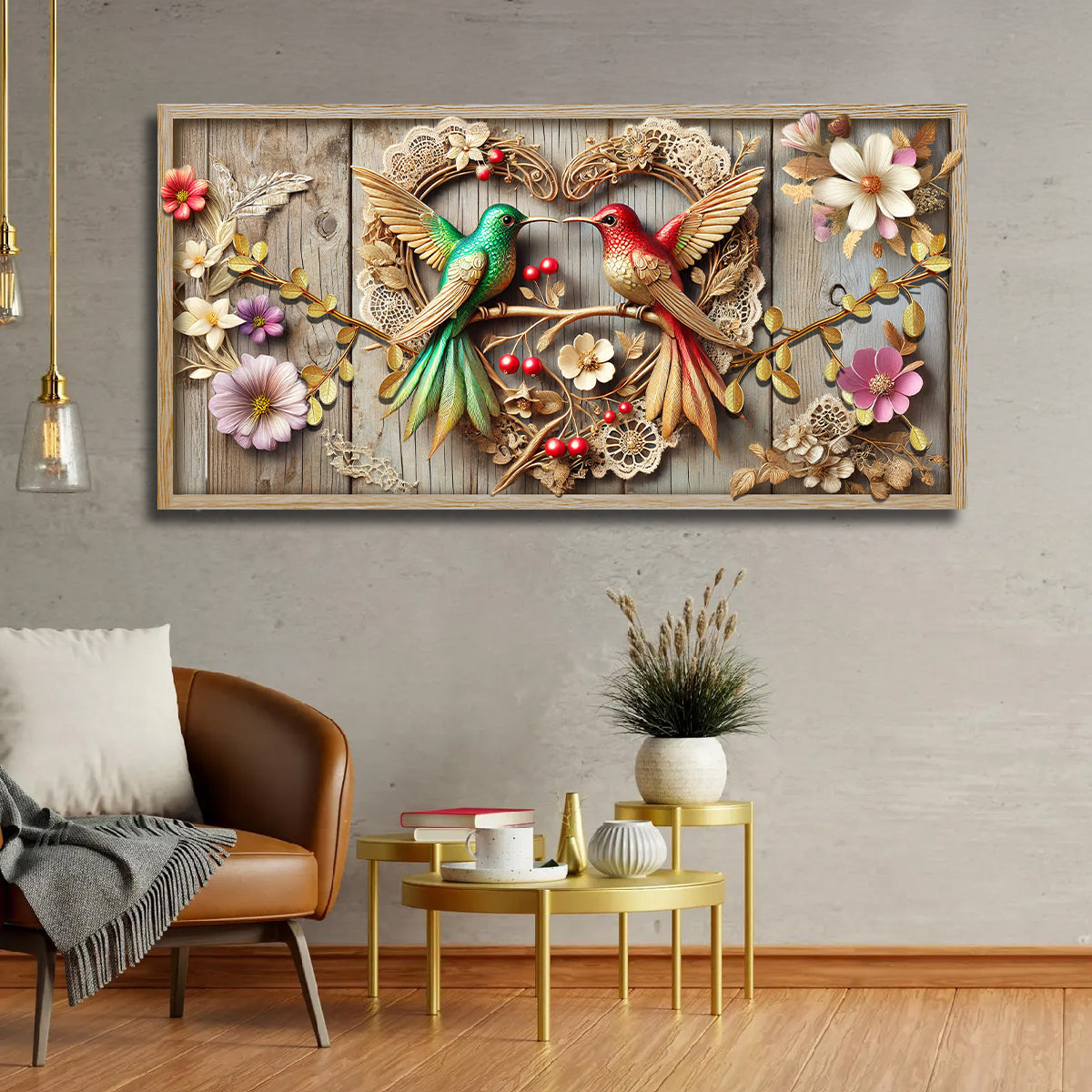 3D Hummingbirds Wall Art VII canvas by Tailored Canvases, green and red birds amid wood panel on Tampa Home & Garden Store