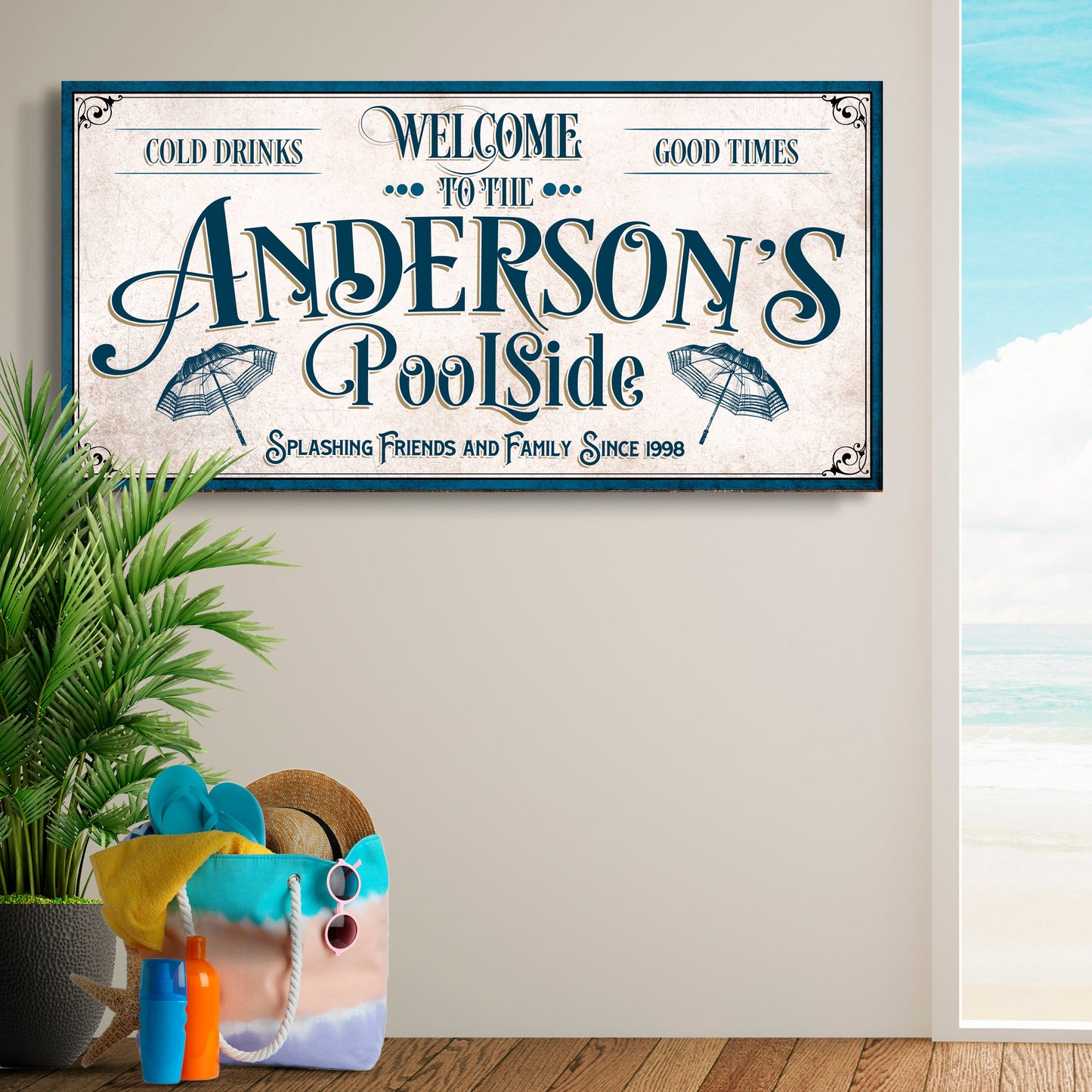 Personalized pool party sign canvas with teal lettering on cream by Tailored Canvases on Tampa Home & Garden Store