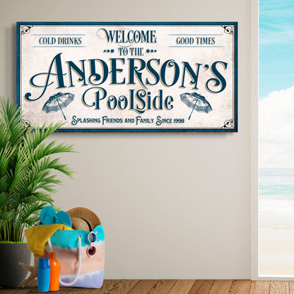 Personalized pool party sign canvas with teal lettering on cream by Tailored Canvases on Tampa Home & Garden Store