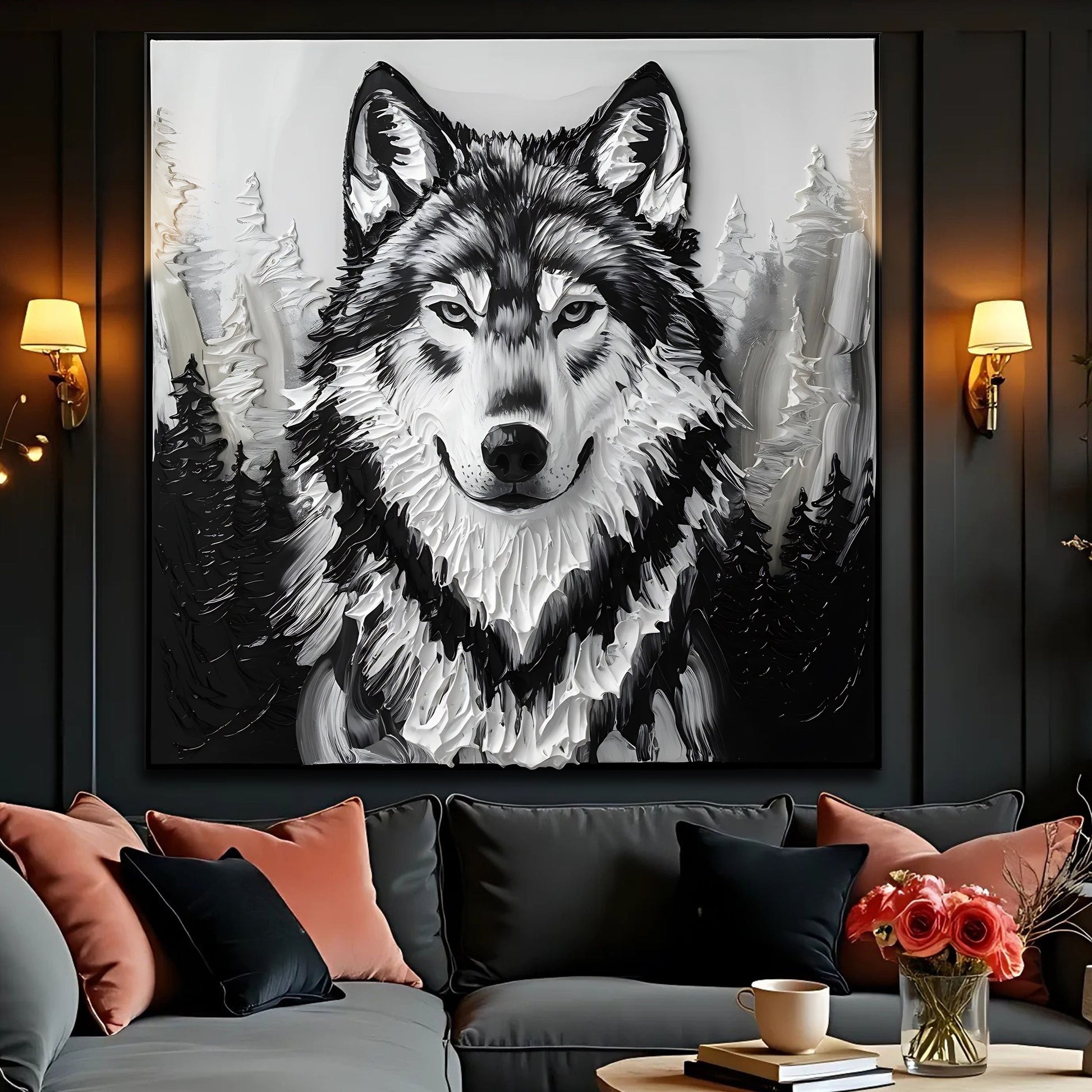 3D Wolf Wall Art IV canvas by Tailored Canvases, grayscale textured wolf portrait on Tampa Home & Garden Store
