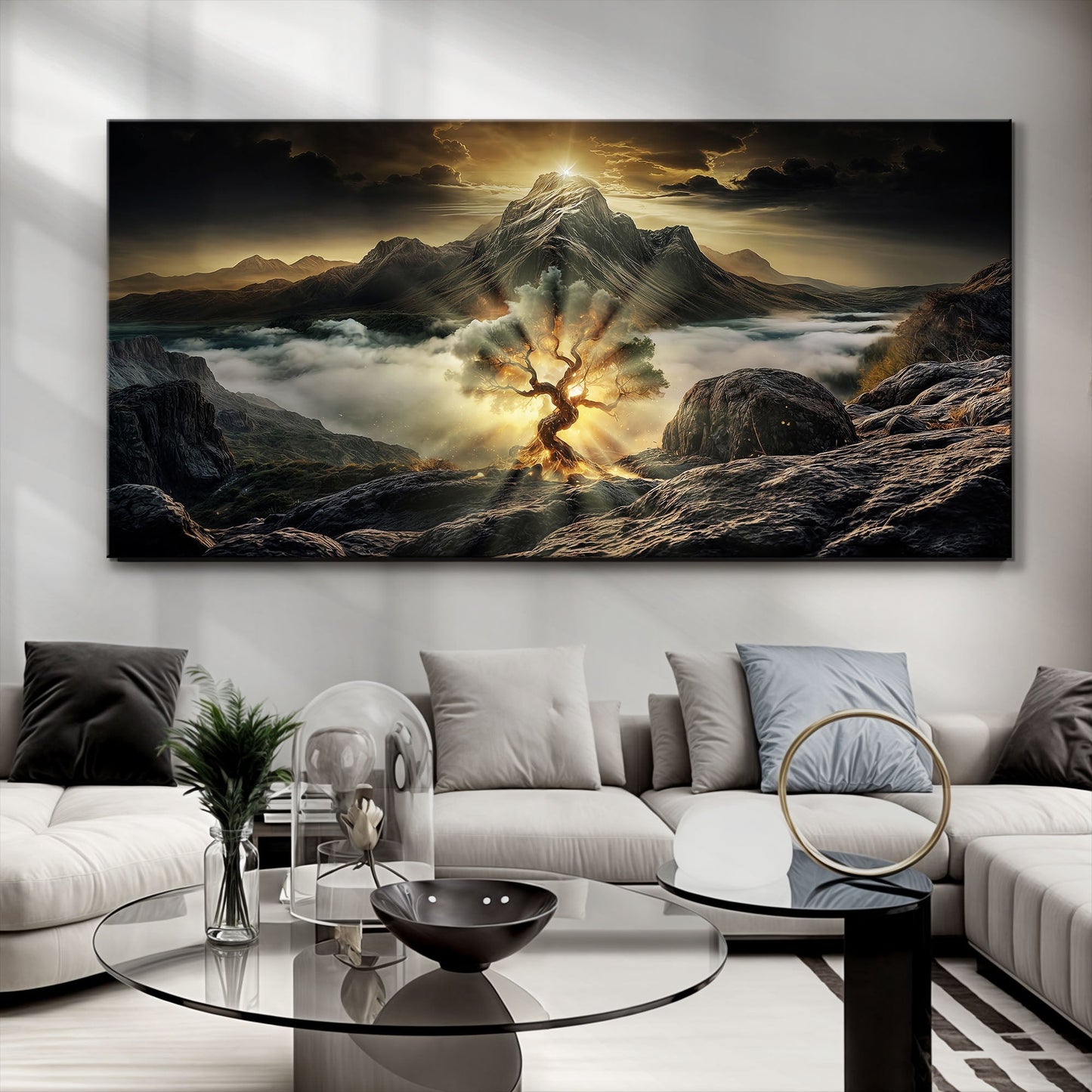 Burning Bush Faith Wall Art II canvas with glowing fiery tree amid rugged mountains at sunset on Tampa Home & Garden Store