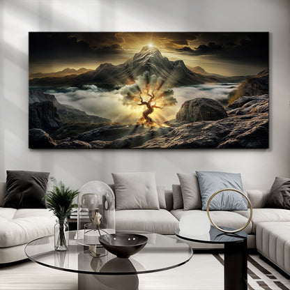 Burning Bush Faith Wall Art II canvas with glowing fiery tree amid rugged mountains at sunset on Tampa Home & Garden Store
