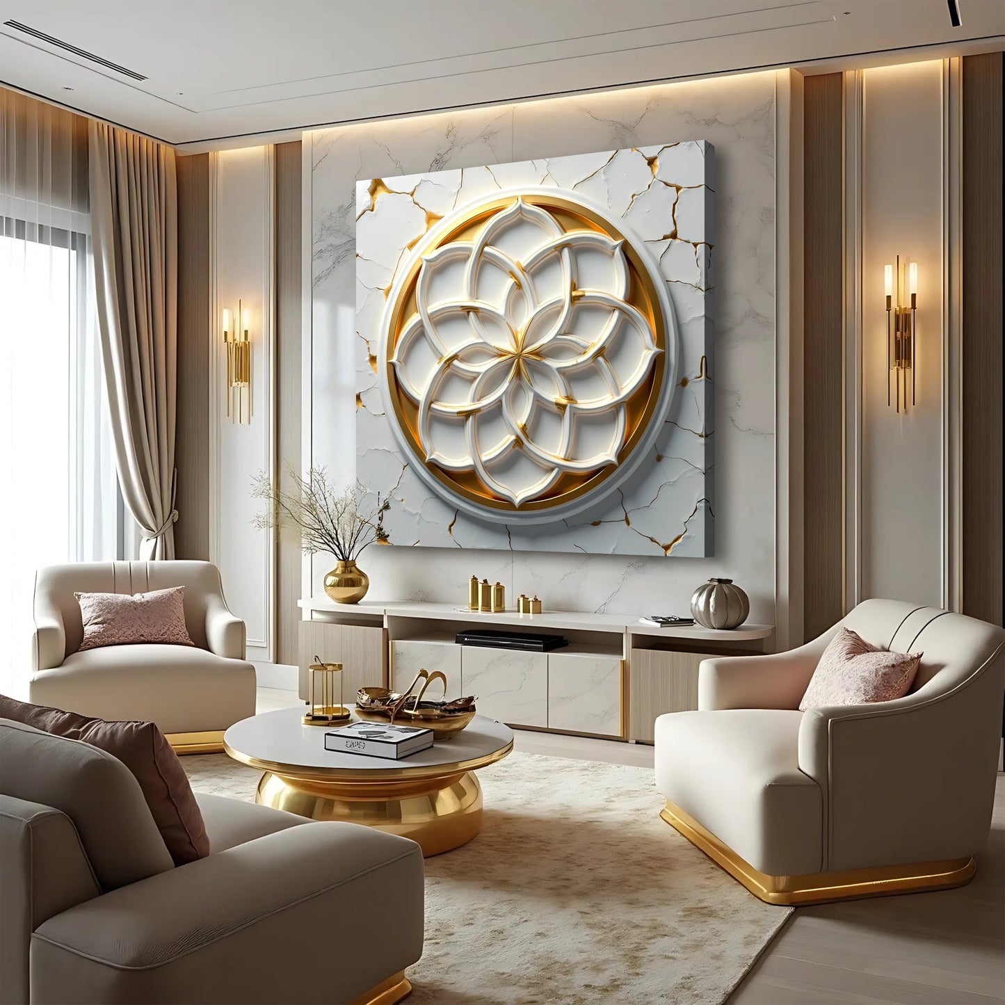 Flower Of Life canvas wall art with gold circular motif on marble backdrop by Tailored Canvases on Tampa Home & Garden Store