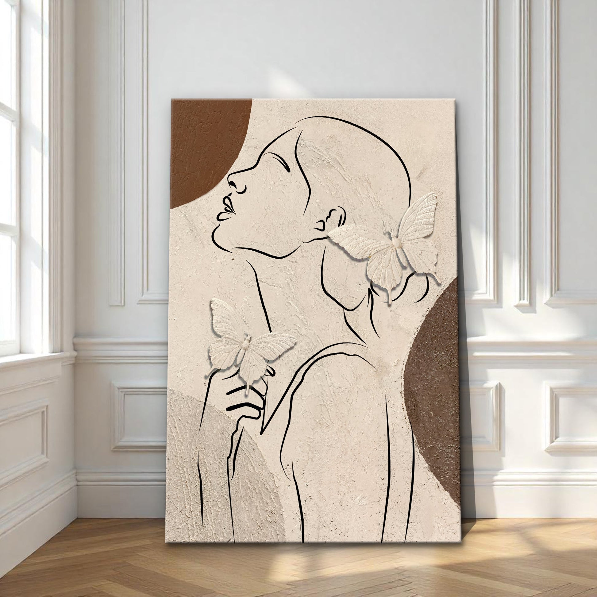 Minimalist Woman Line Art Canvas with beige backdrop and butterfly accents Tailored Canvases on Tampa Home & Garden Store