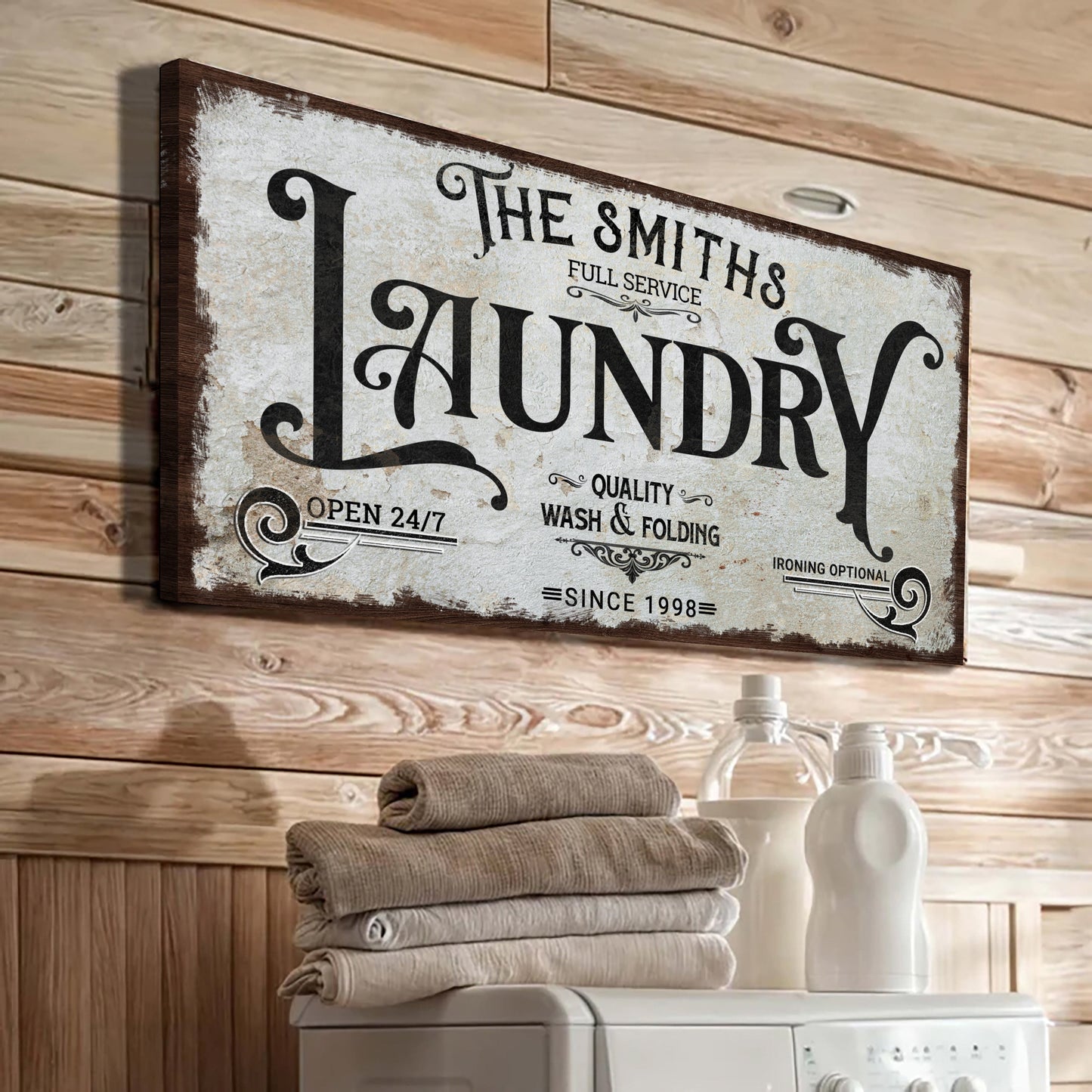 The Laundry Room Sign VII canvas crafting sign with vintage distressed print on wood frame on Tampa Home & Garden Store