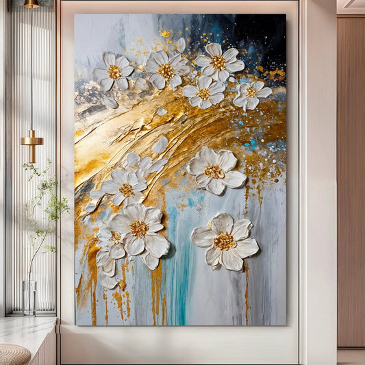 Abstract Gold Floral Wall Art canvas with white flowers on blue by Tailored Canvases on Tampa Home & Garden Store