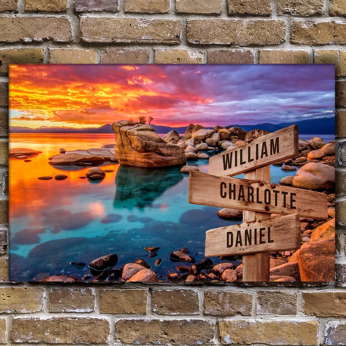 Sunset Beach Skies canvas with rocky shore and wooden name signs William, Charlotte, Daniel on Tampa Home & Garden Store