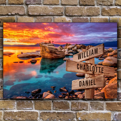 Sunset Beach Skies canvas with rocky shore and wooden name signs William, Charlotte, Daniel on Tampa Home & Garden Store