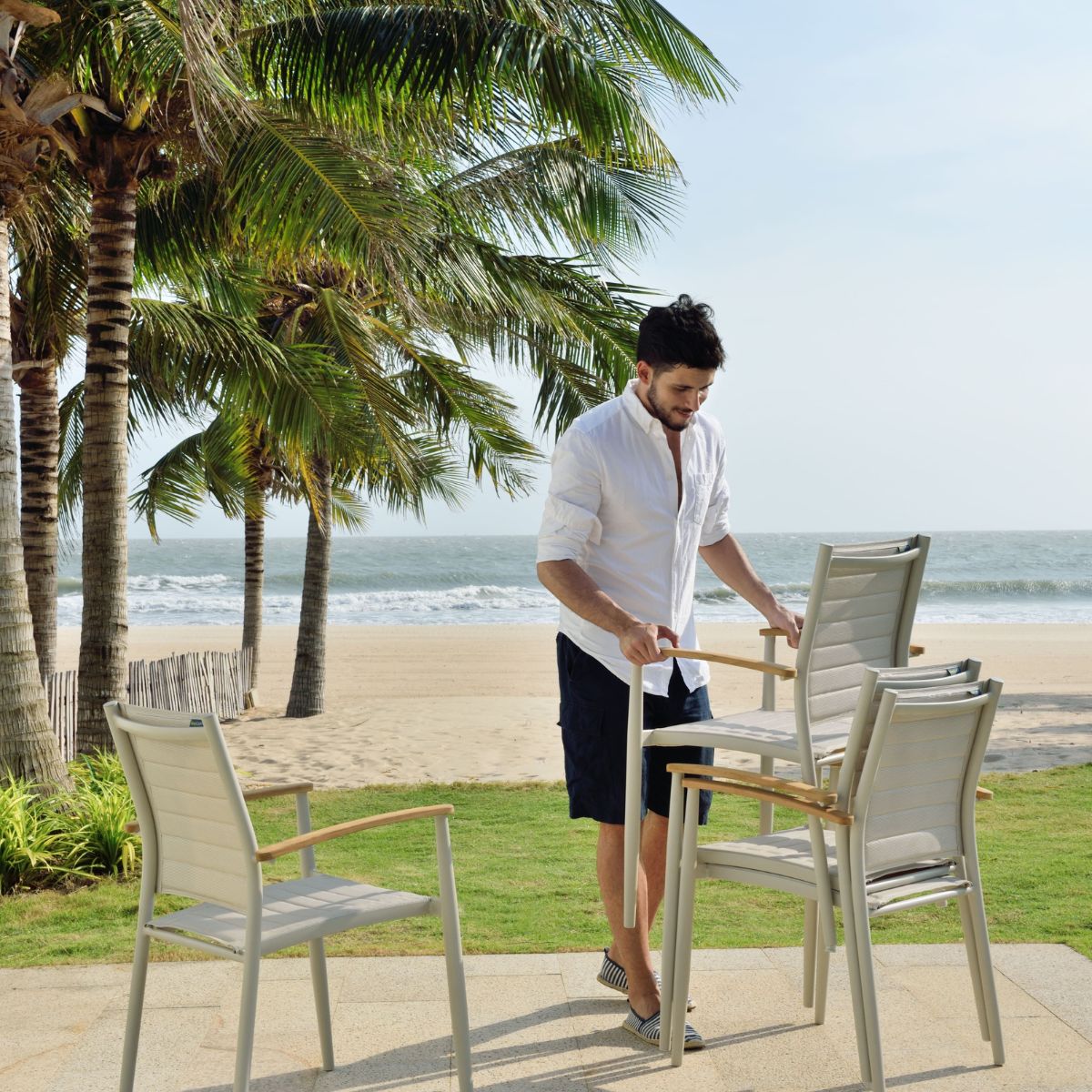 Portals Light Lite 2pc stacking armchairs in light gray with wood arms LifestyleGarden US on Tampa Home & Garden Store