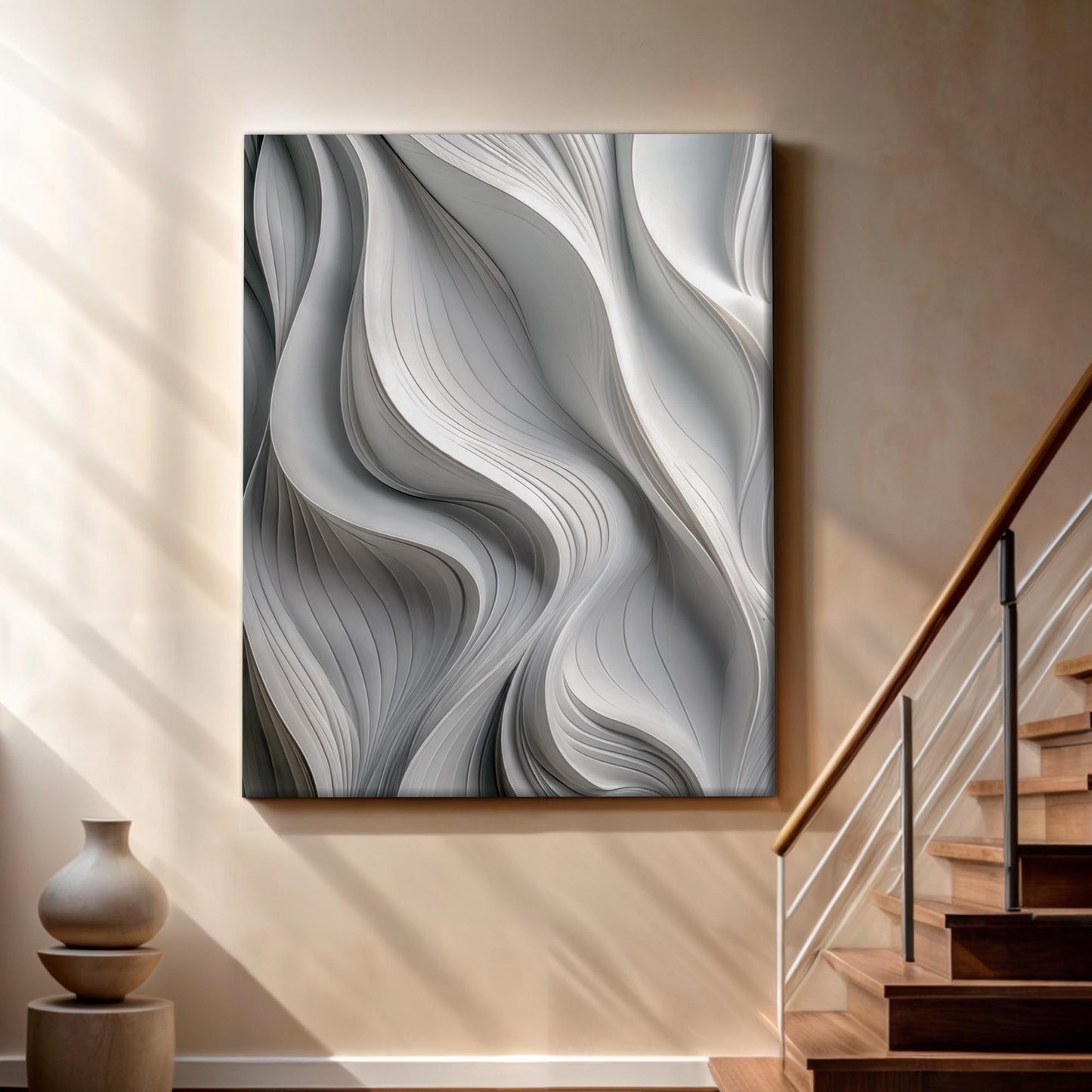 Modern Monochrome Waves Abstract Wall Art Canvas in grayscale by Tailored Canvases on Tampa Home & Garden Store