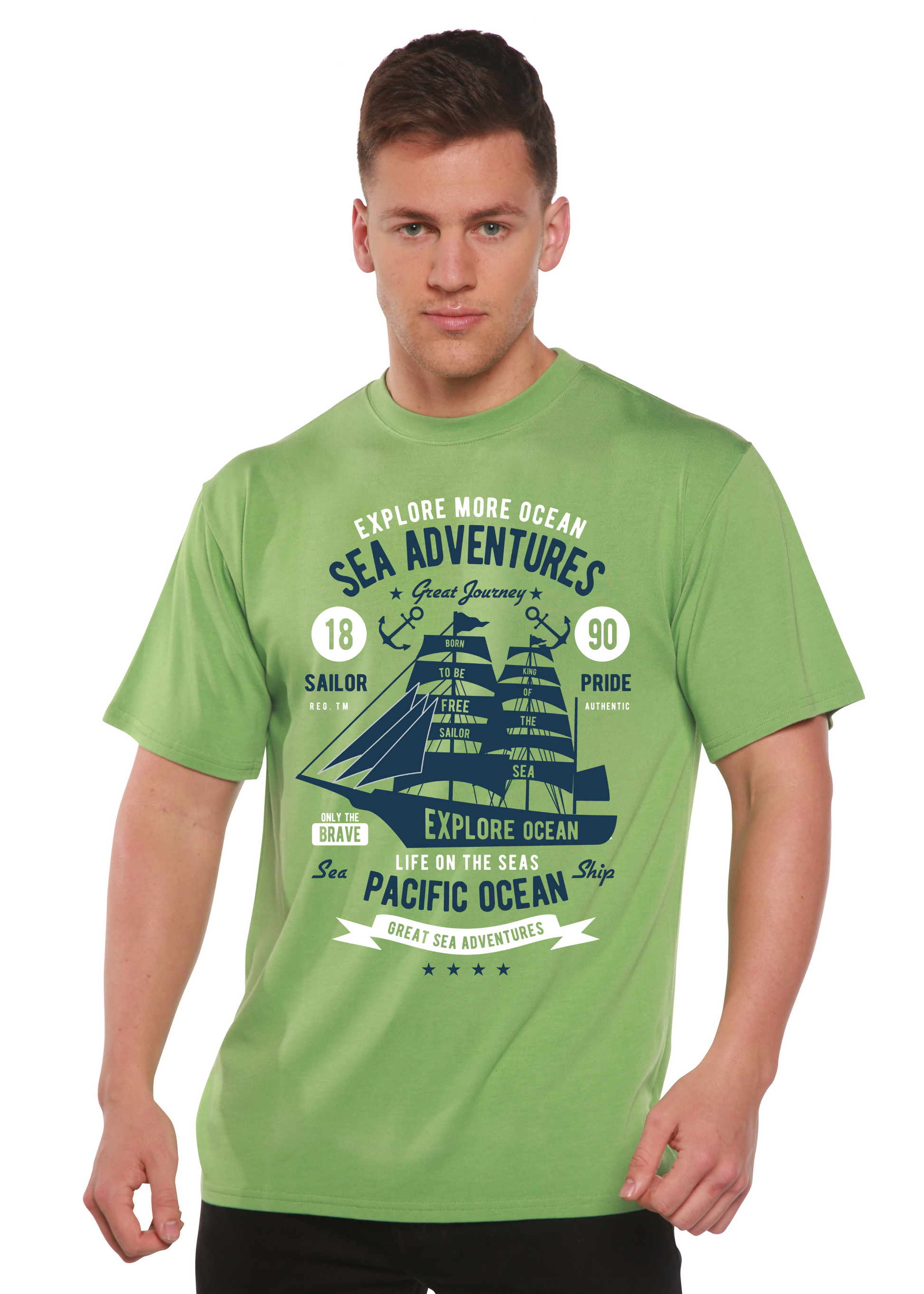 Sea Adventures Spun Bamboo men's short sleeve graphic tee in light green with navy ship print on Tampa Home & Garden Store