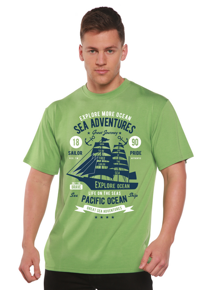 Sea Adventures Spun Bamboo men's short sleeve graphic tee in light green with navy ship print on Tampa Home & Garden Store