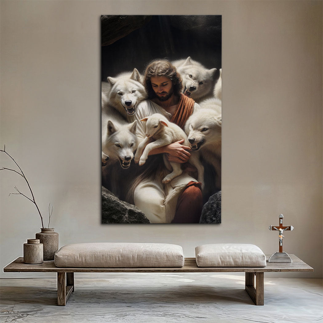 Canvas art Jesus Protects The Lamb From Wolves Faith Tailored Canvases with lamb and wolves on Tampa Home & Garden Store