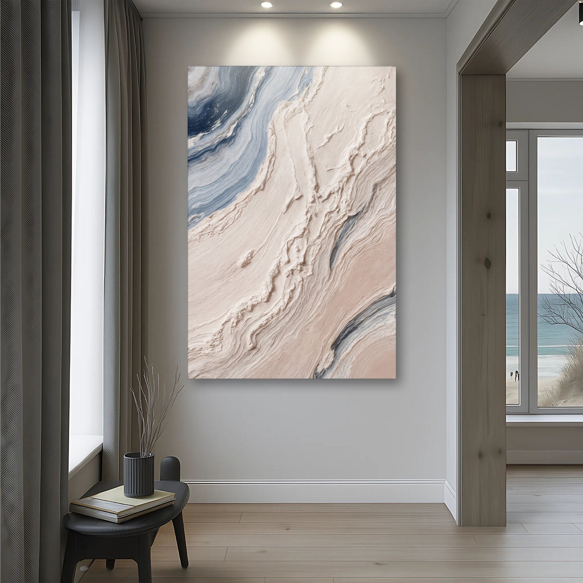 Minimalist Waves Wall Art III canvas by Tailored Canvases with blue and beige marbled texture on Tampa Home & Garden Store