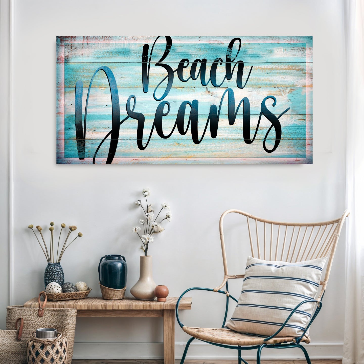 Beach Dreams Sign II canvas by Tailored Canvases on weathered blue planks on Tampa Home & Garden Store