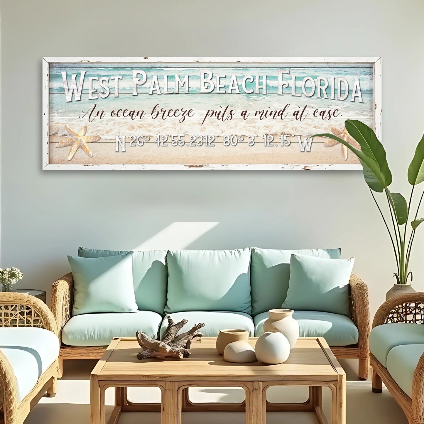 Personalized Beach House Coastal Sign canvas featuring weathered wood planks and ocean scene on Tampa Home & Garden Store