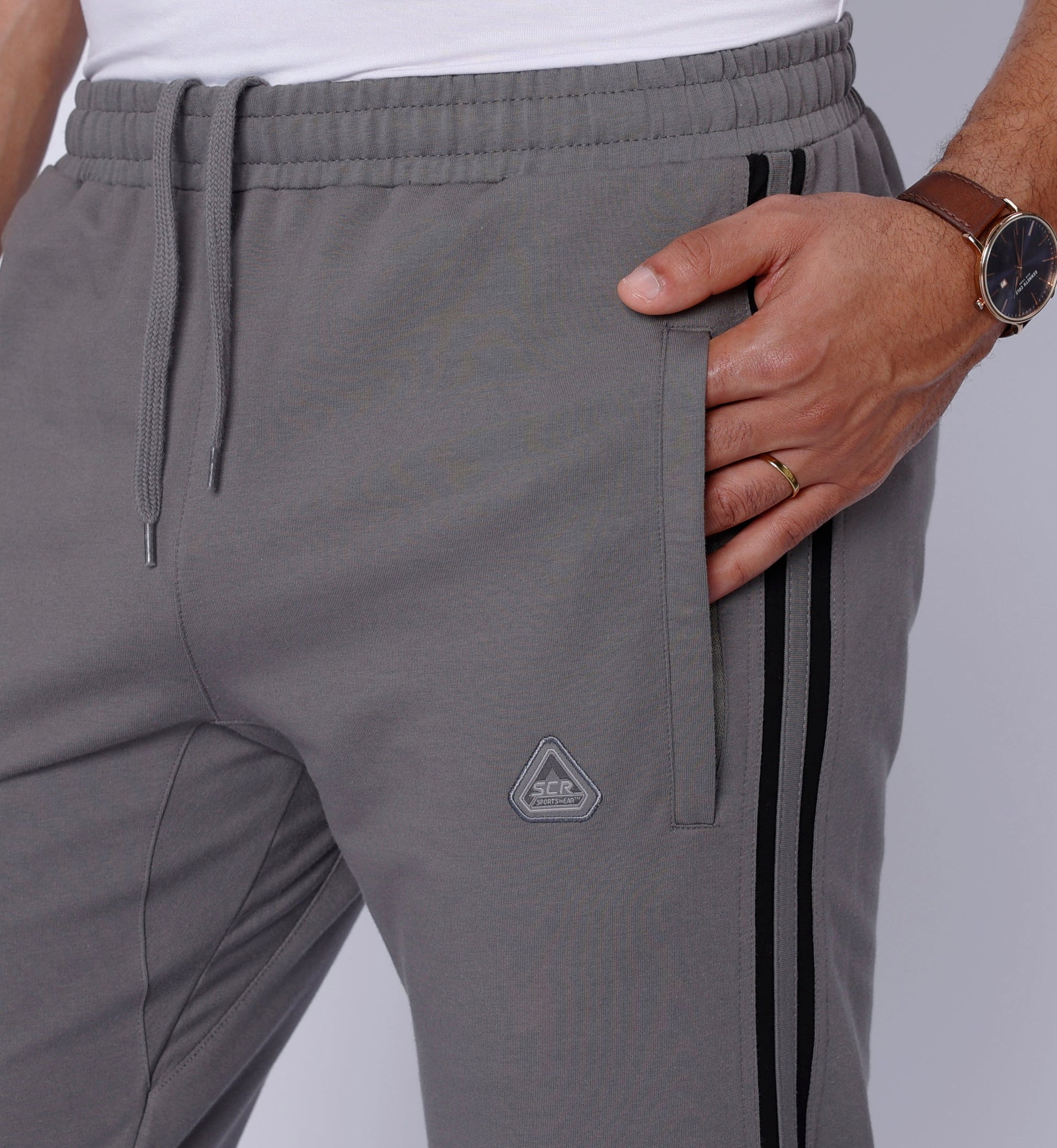 Ultimate Flex Athletic Sweatpants - Straight gray joggers with drawstring SCR logo patch on Tampa Home & Garden Store