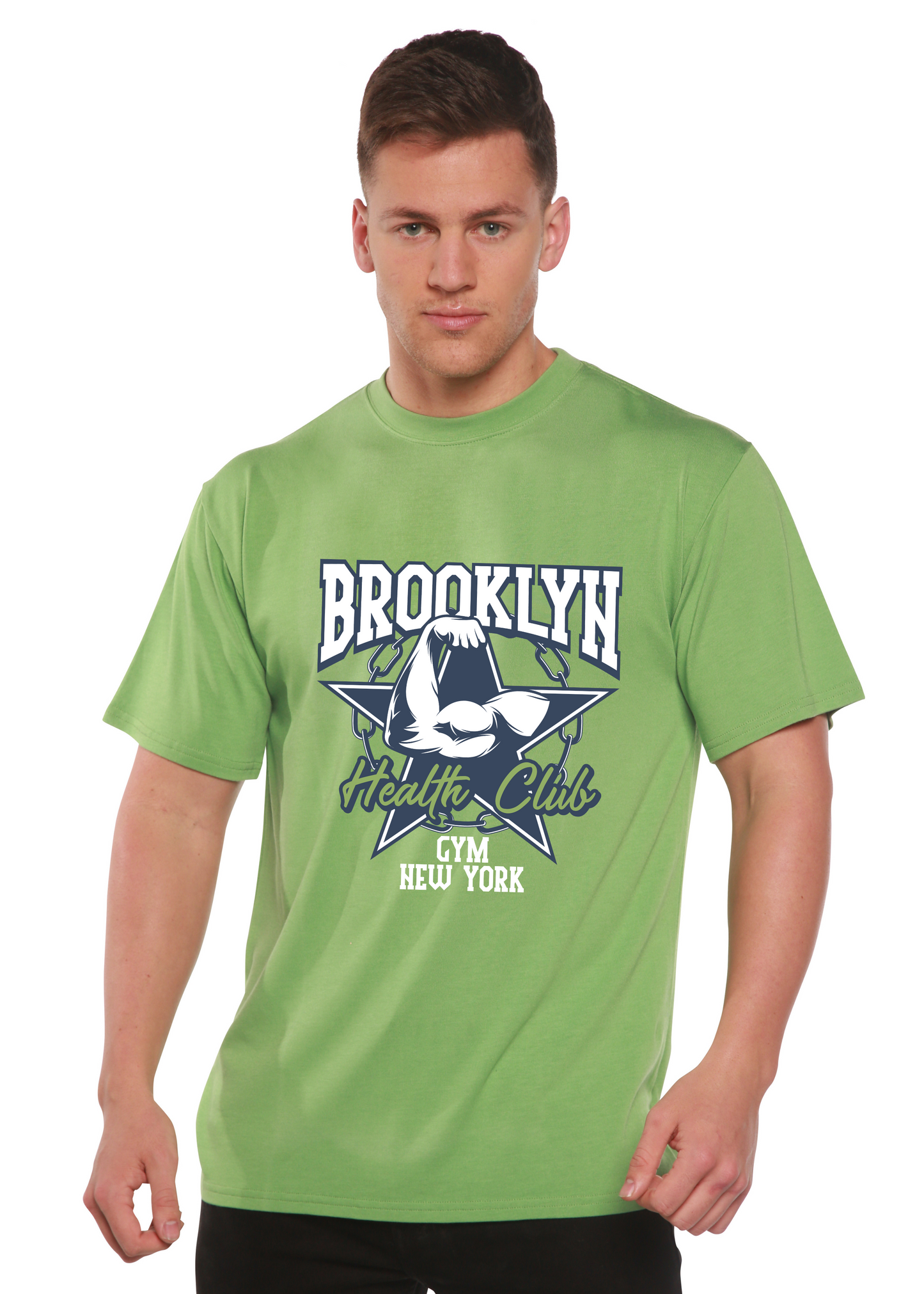 Brooklyn Health Club bamboo viscose/organic cotton short sleeve tee lime green with Spun Bamboo print on Tampa Home & Garden Store