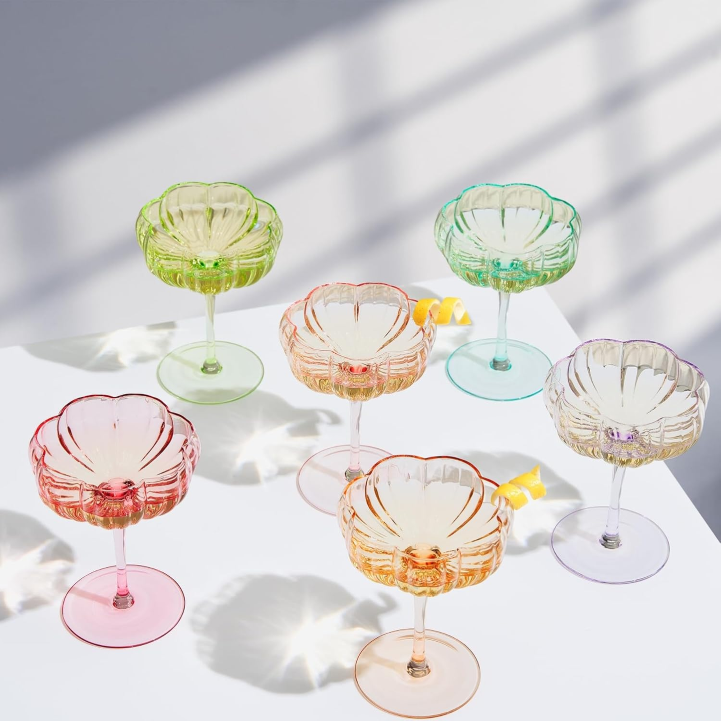 Set of six bright flower coupe cocktail glasses