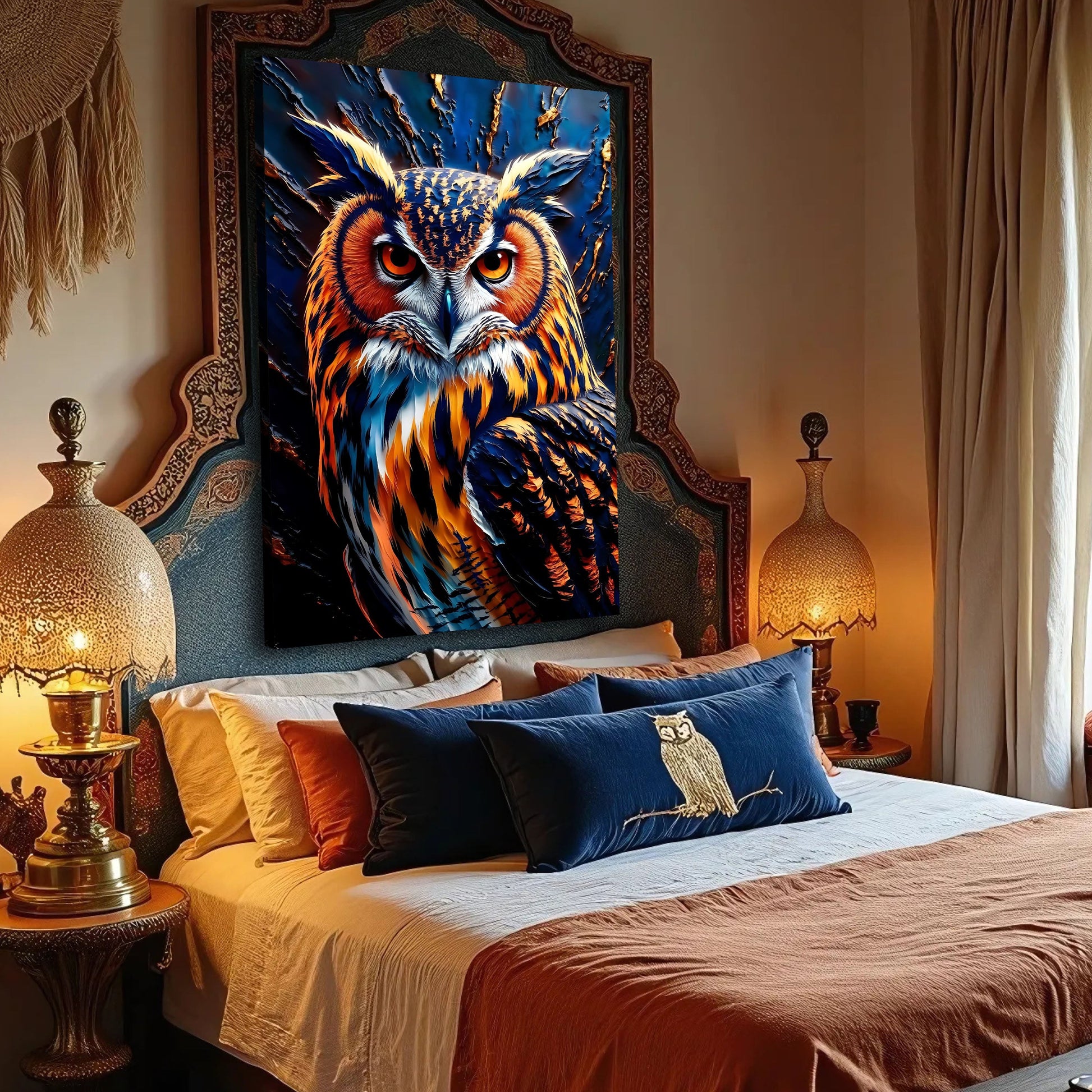 Abstract Owl Wall Art Canvas Tailored Canvases; vivid blue and orange feathers with frame on Tampa Home & Garden Store