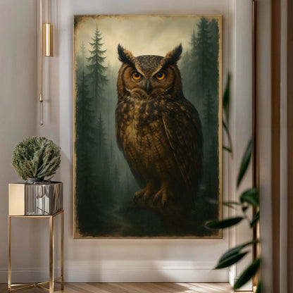 Watcher Of The Woods Owl Wall Art canvas by Tailored Canvases; amber-eyed owl in forest on Tampa Home & Garden Store