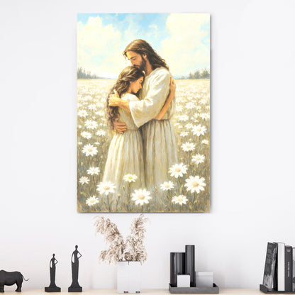 Divine Embrace of Grace Faith Wall Art canvas by Tailored Canvases in a field of daisies on Tampa Home & Garden Store