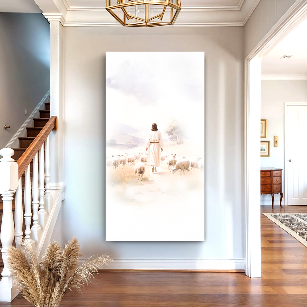 99 Faith Wall Art VII canvas Tailored Canvases shepherd walking among sheep in misty landscape on Tampa Home & Garden Store