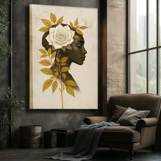 Floral Majesty Wall Art II canvas by Tailored Canvases with white rose and gold leaves on Tampa Home & Garden Store