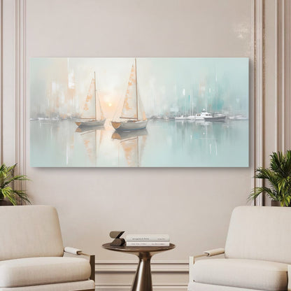 Abstract Pier and Dock Wall Art canvas with pastel hues and sailboats Tailored Canvases on Tampa Home & Garden Store