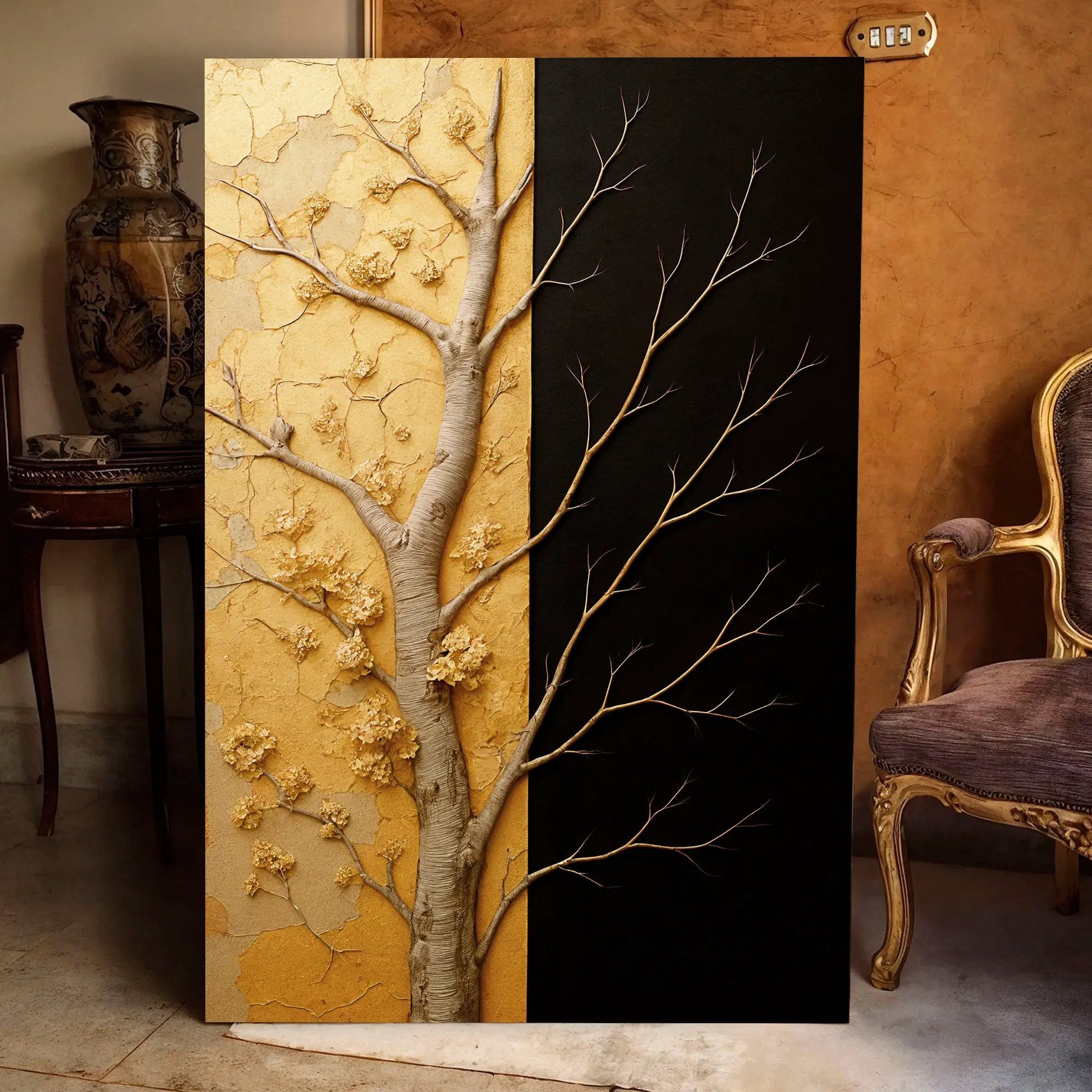 Golden Eclipse Wall Art Canvas, a 3-panel crafting canvas with gold textured and black panels on Tampa Home & Garden Store