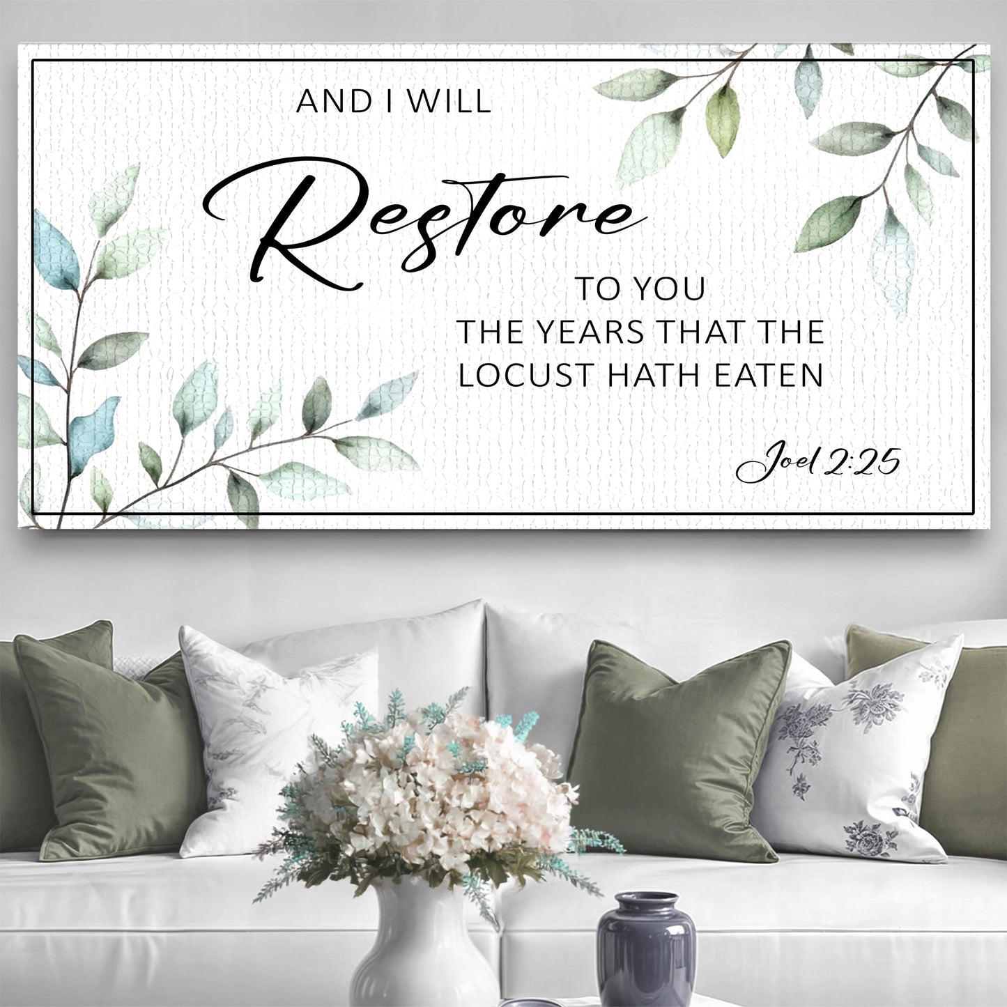 Canvas sign And I Will Restore To You Joel 2:25 Faith Sign with botanical leaf design by Tailored Canvases on Tampa Home & Garden Store
