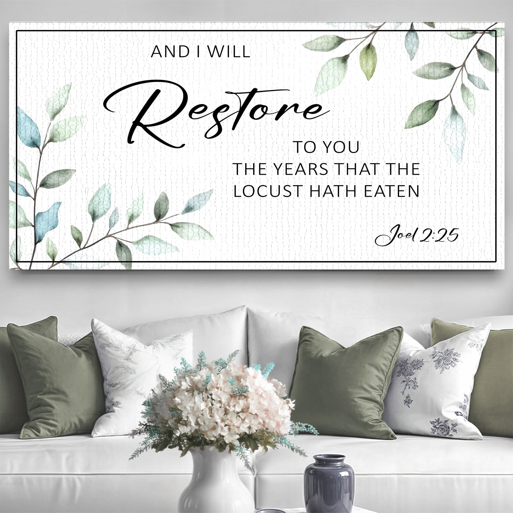 Canvas sign And I Will Restore To You Joel 2:25 Faith Sign with botanical leaf design by Tailored Canvases on Tampa Home & Garden Store