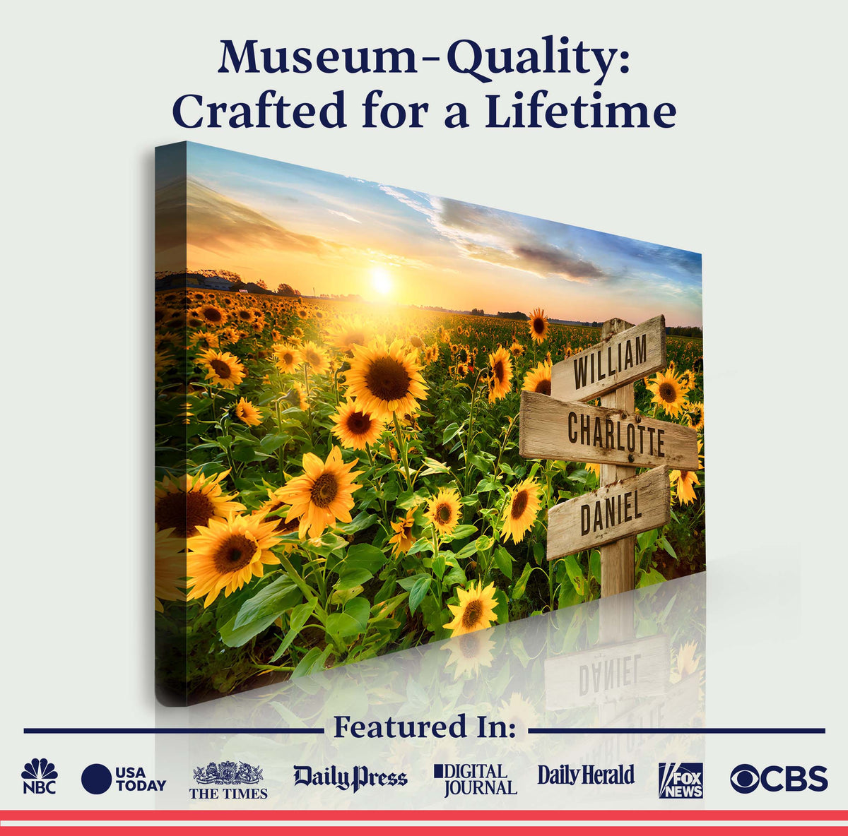 Canvas Sunflower Field Names Sign with rustic wooden name boards William, Daniel, Charlotte on Tampa Home & Garden Store
