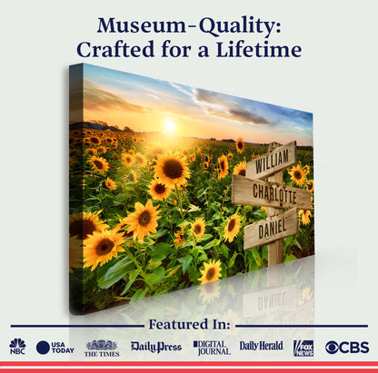 Canvas Sunflower Field Names Sign with rustic wooden name boards William, Daniel, Charlotte on Tampa Home & Garden Store