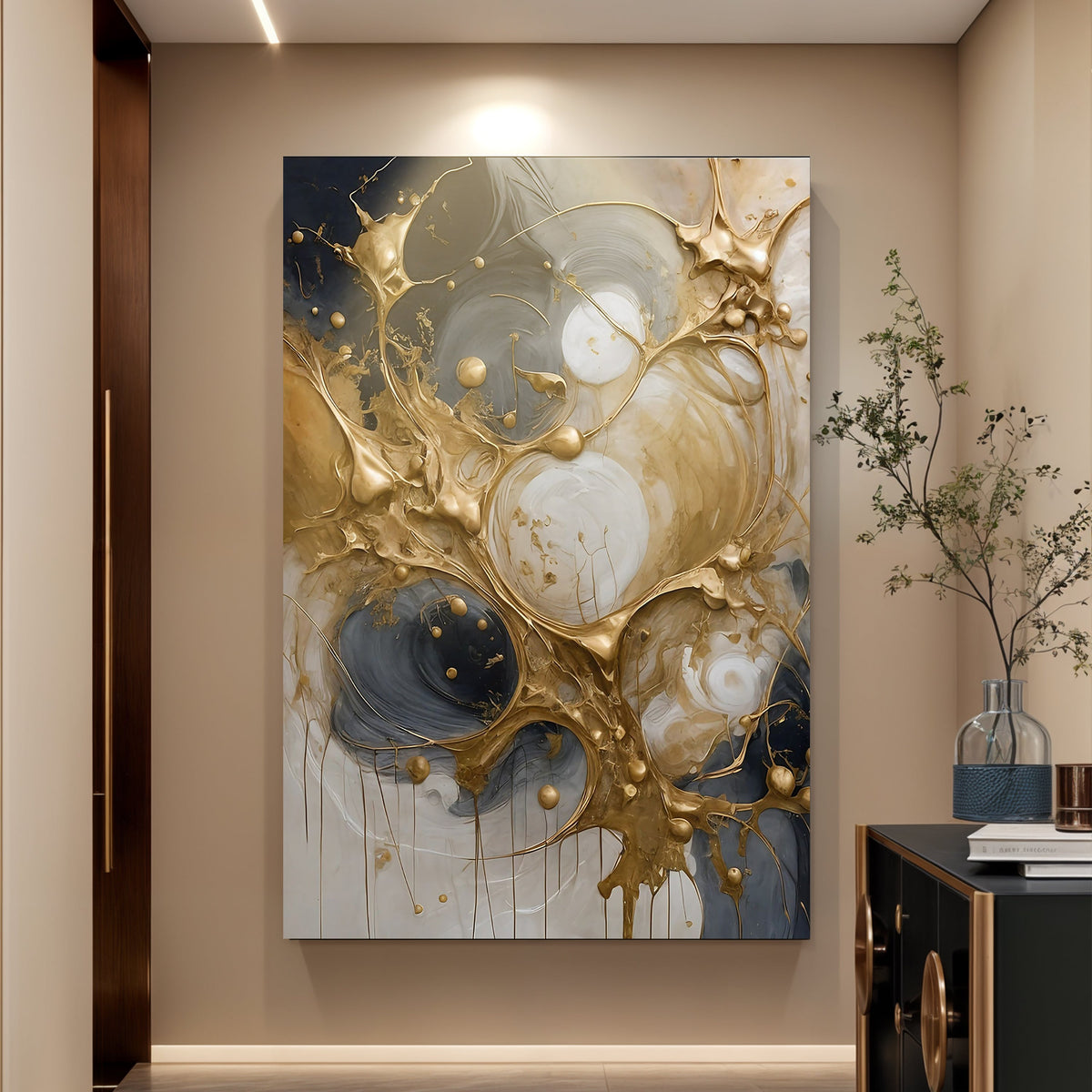 Black and Gold Splash Wall Art canvas with swirling gold accents Tailored Canvases on Tampa Home & Garden Store