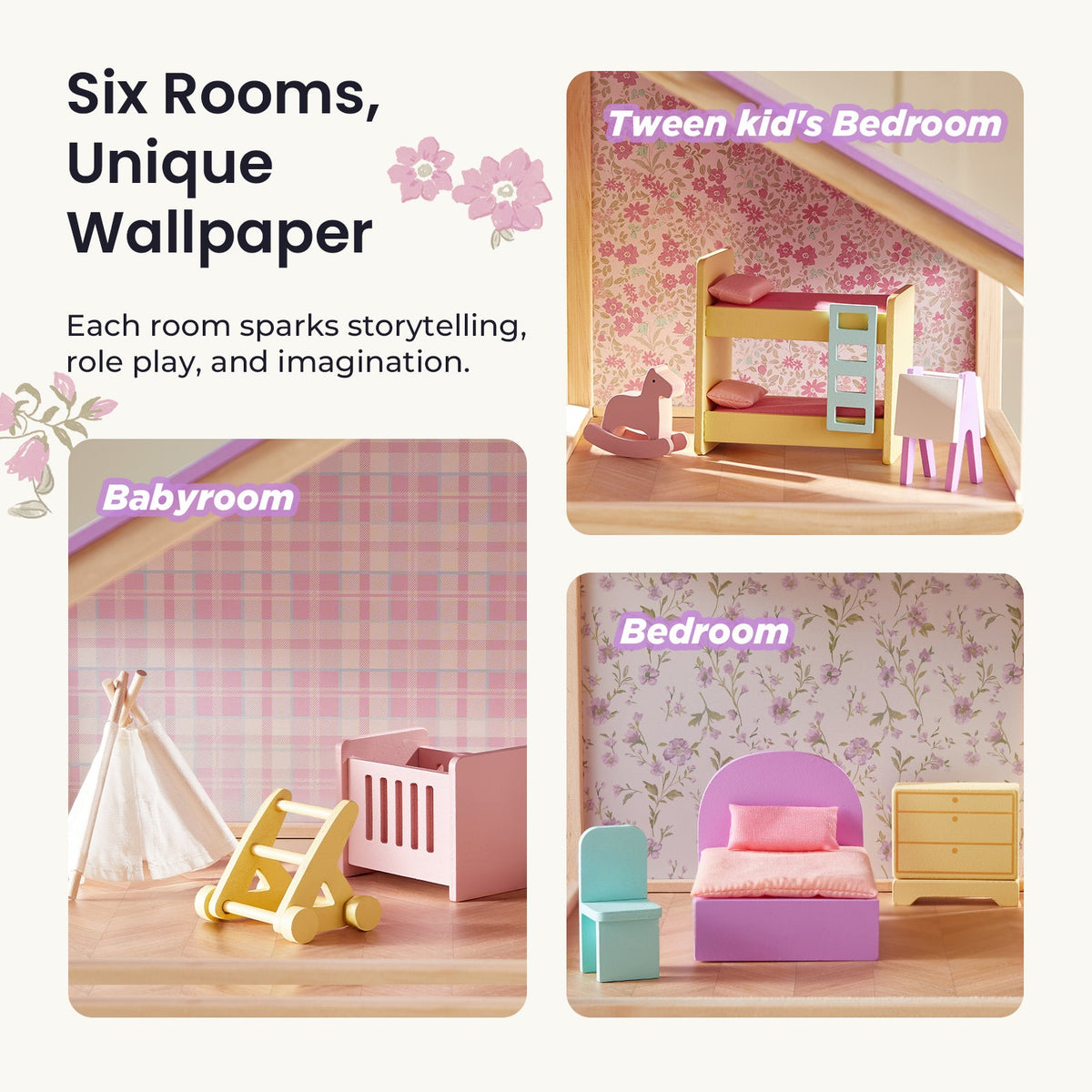 Tiny Land Sweetwood Dollhouse without Dolls, wooden pastel rooms by Tiny Land INC on Tampa Home & Garden Store