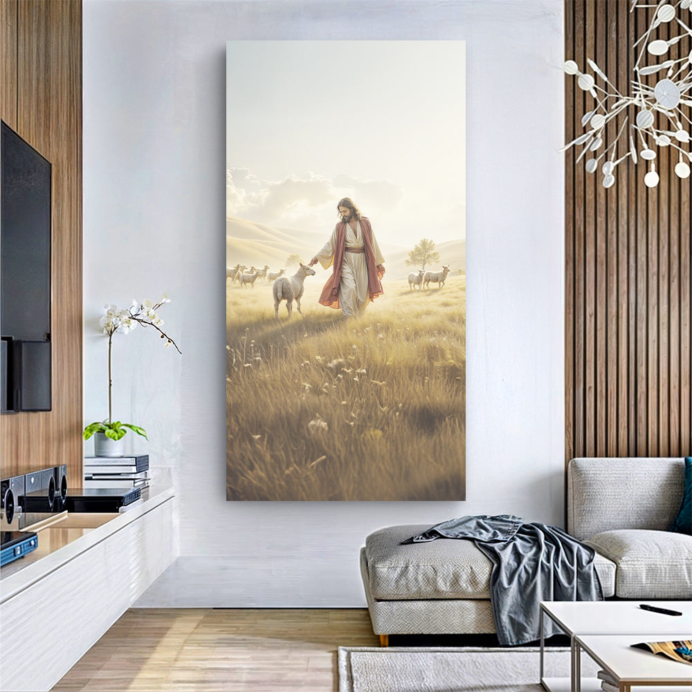 99 Faith Wall Art VI canvas by Tailored Canvases; sunlit shepherd with sheep in a field on Tampa Home & Garden Store