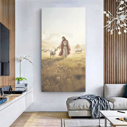 99 Faith Wall Art VI canvas by Tailored Canvases; sunlit shepherd with sheep in a field on Tampa Home & Garden Store