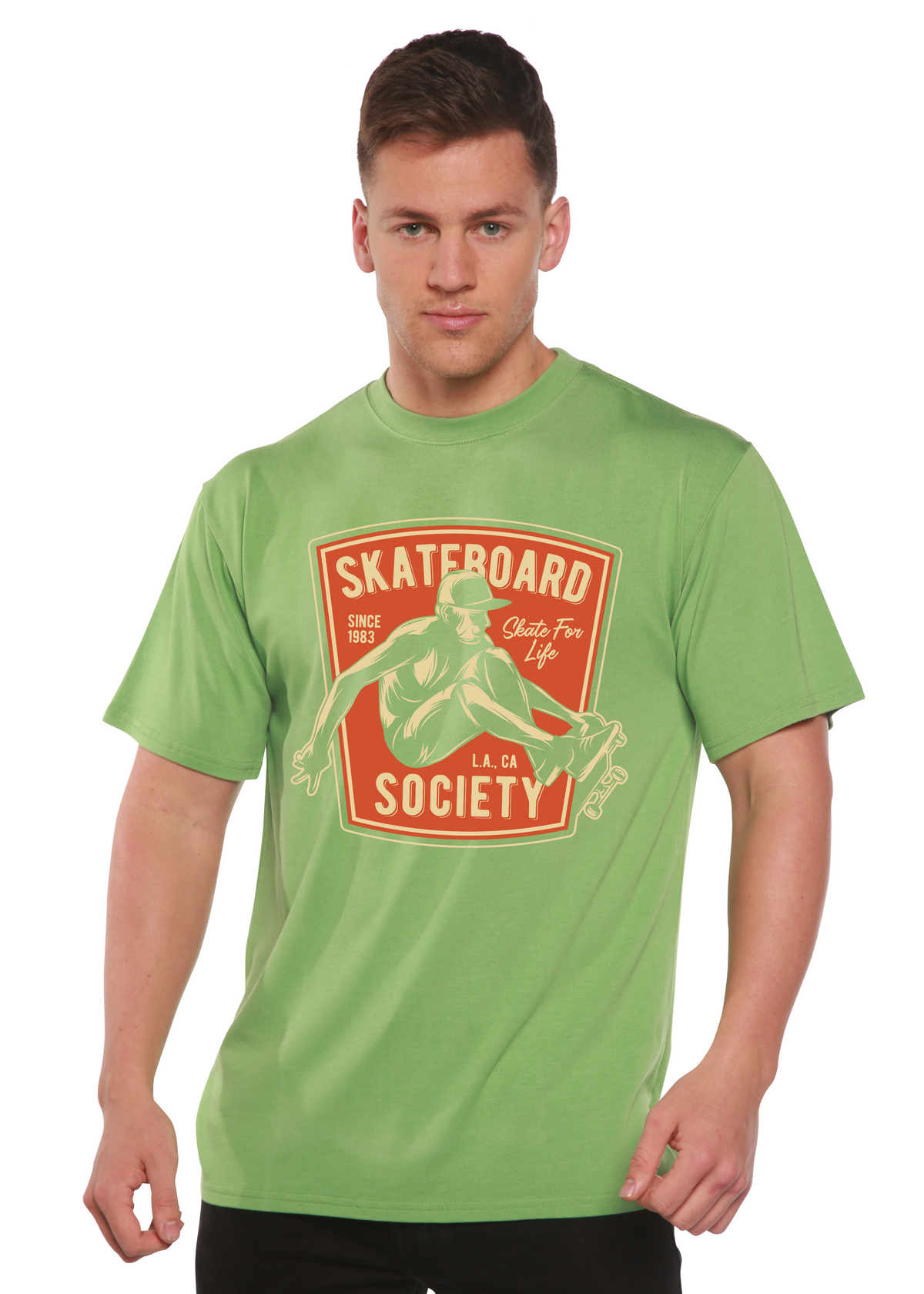 Mens Skateboard Society graphic T-shirt in lime green with orange skateboard art on Tampa Home & Garden Store