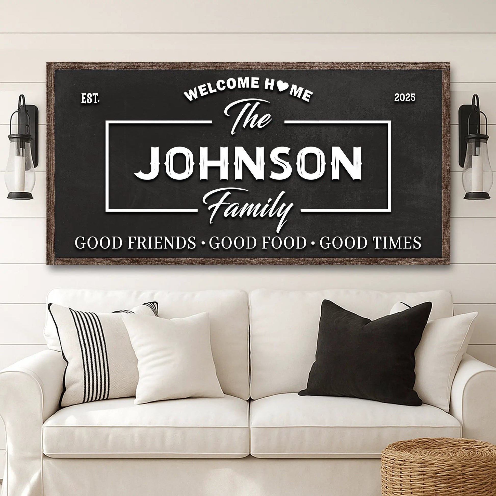 Welcome Home Wall Sign canvas with chalkboard panel, white type, wood frame Tailored Canvases on Tampa Home & Garden Store