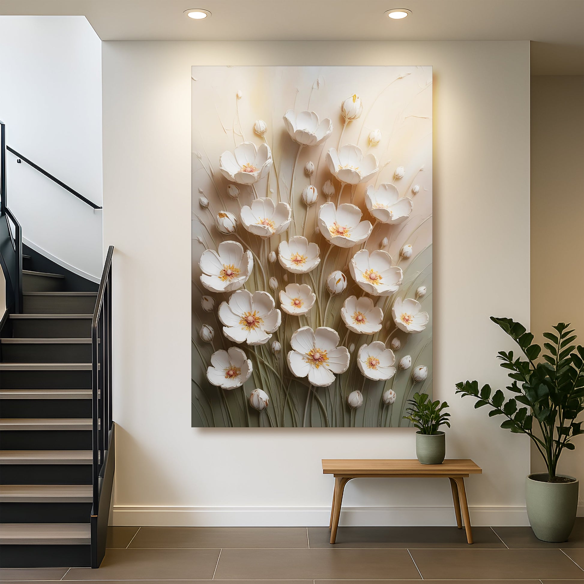 Floral Wall Art Canvas with large white blossoms in soft neutral tones on Tampa Home & Garden Store