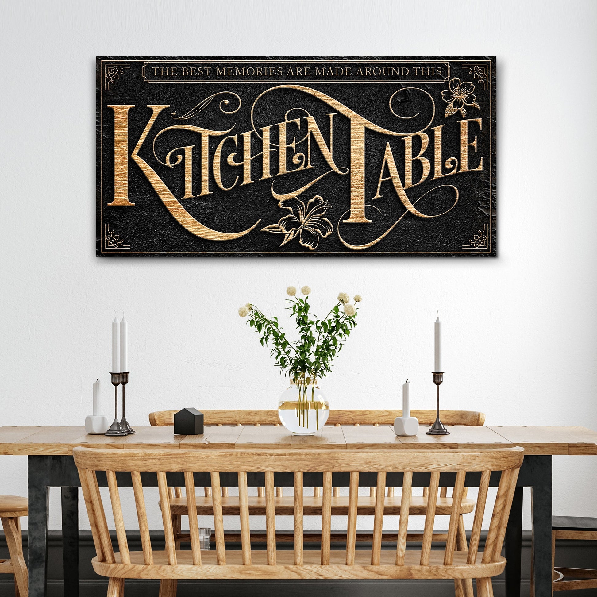 Kitchen Table Sign canvas with black textured background and gold script by Tailored Canvases on Tampa Home & Garden Store