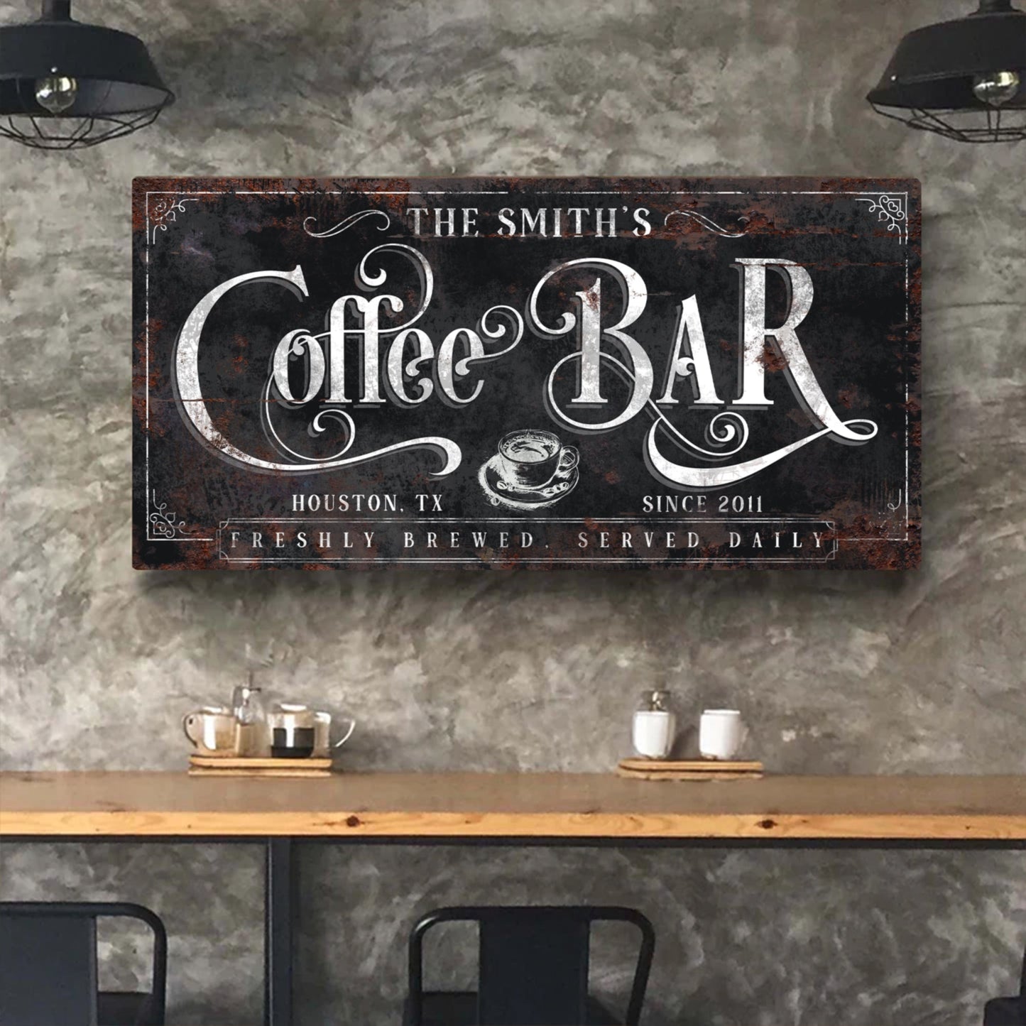Canvas sign Coffee Bar XI by Tailored Canvases, dark distressed background with white typography on Tampa Home & Garden Store