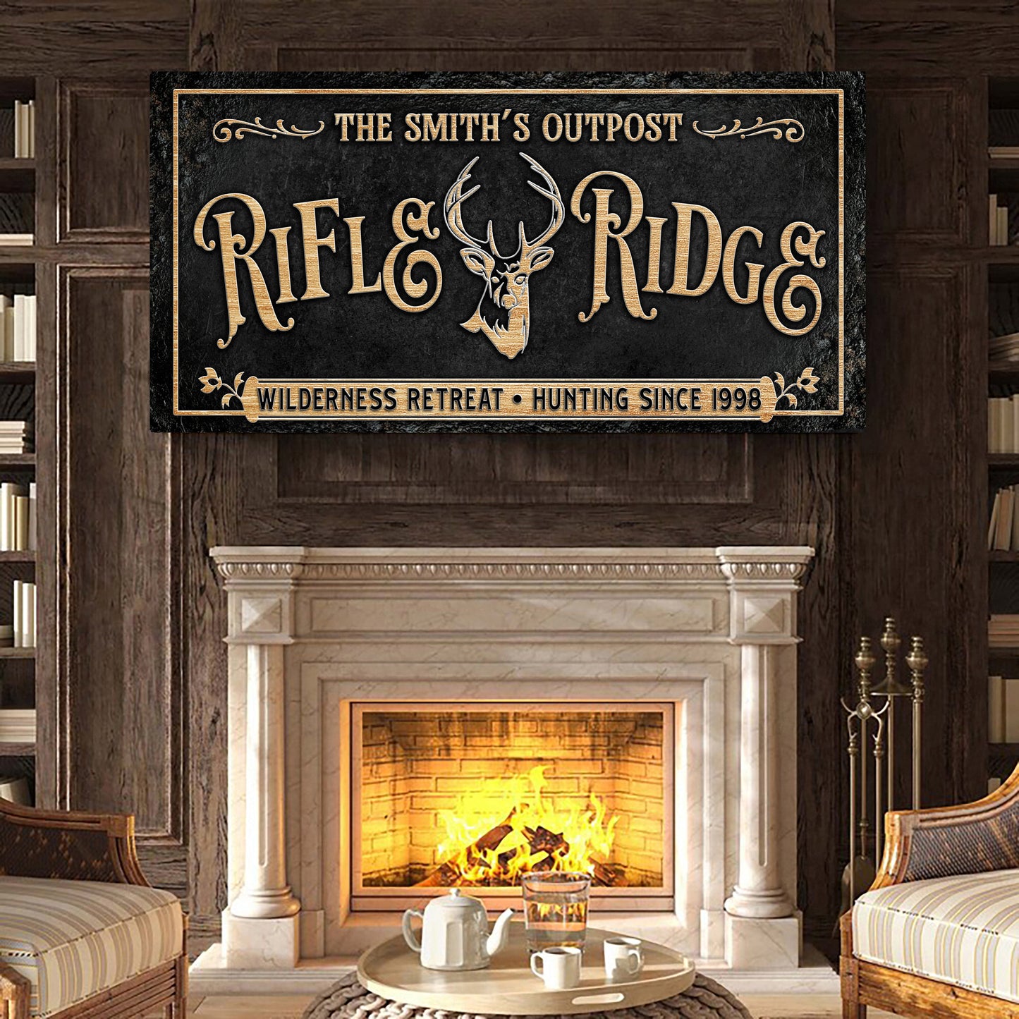 Tailored Canvases Rifle Ridge Family Sign canvas with gold lettering and deer emblem on Tampa Home & Garden Store