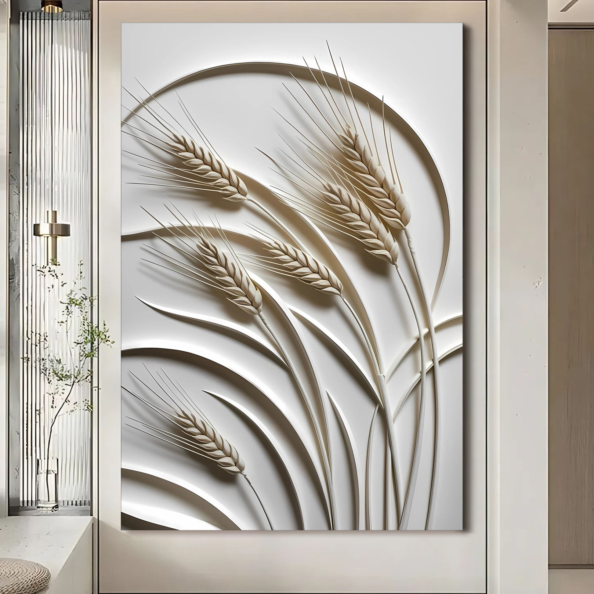 3D Minimalist Wheat Wall Art canvas Tailored Canvases, cream wheat stalks in relief on Tampa Home & Garden Store