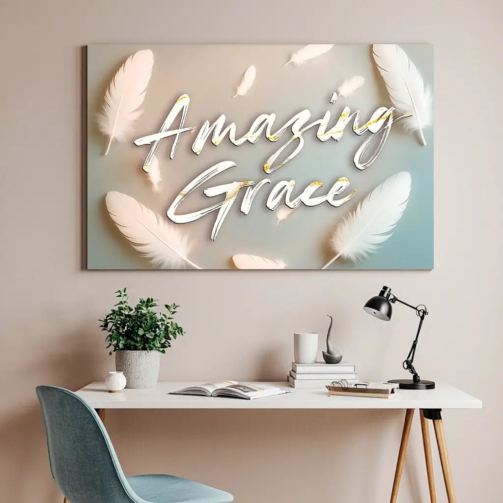 Amazing Grace Faith Wall Sign canvas with white script and feathers on pastel gradient on Tampa Home & Garden Store