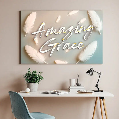 Amazing Grace Faith Wall Sign canvas with white script and feathers on pastel gradient on Tampa Home & Garden Store