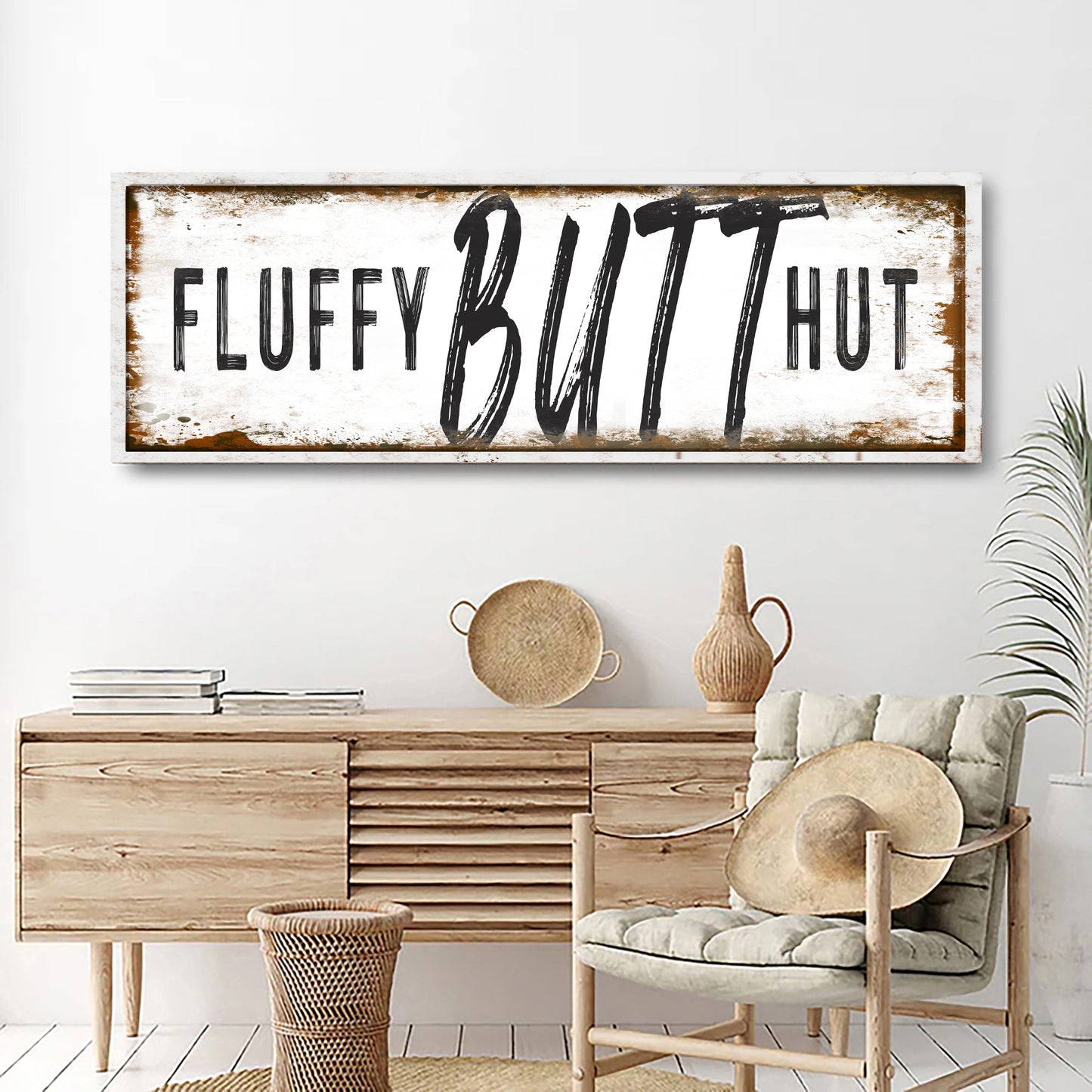 Fluffy Butt Hut Chicken Coop Sign canvas with distressed white frame and bold lettering on Tampa Home & Garden Store