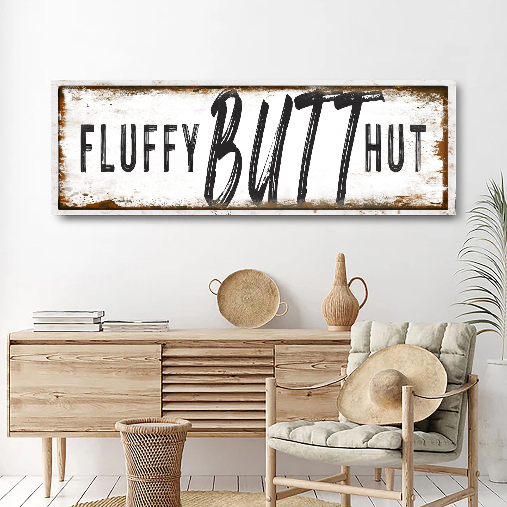 Fluffy Butt Hut Chicken Coop Sign canvas with distressed white frame and bold lettering on Tampa Home & Garden Store